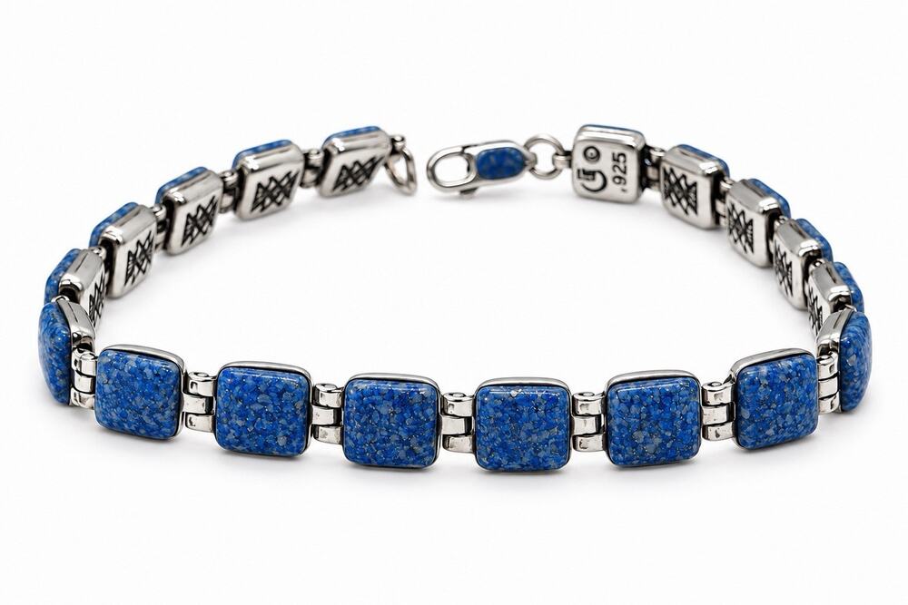Geometric Southwestern 925 Sterling Silver Lapis Lazuli Square Link Bracelet 7.5